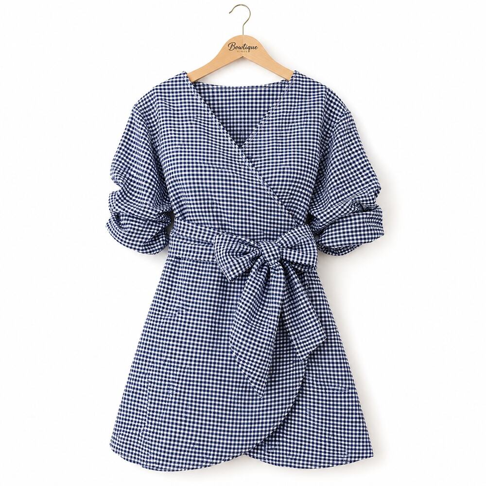 The Edit by Seventeen Juniors M Blue White Gingham Wrap Dress Puff Sleeve NWT